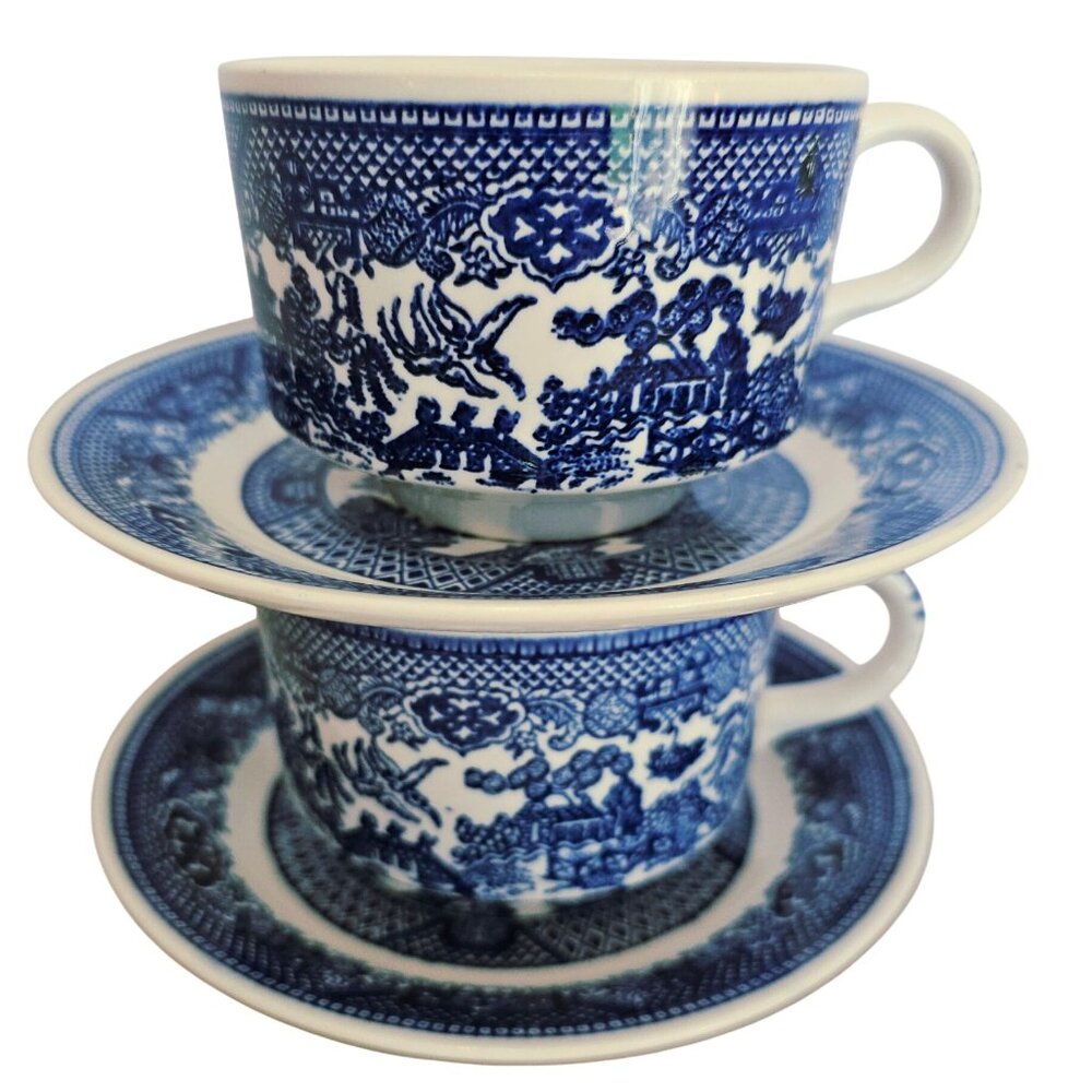 2 Royal USA Blue Willow Mugs Saucers 2.5" Ironstone transferware Chinoiserie - Picture 2 of 9